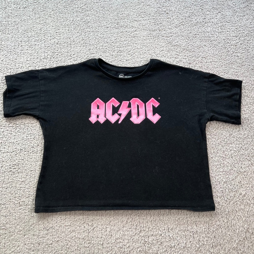 Wonder Nation Girls Black AC/DC Pink Logo Graphic Crop T-Shirt Size L 10-12